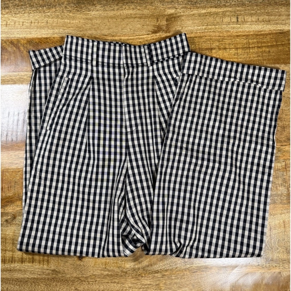 Everlane Gingham Pants Womens 00S Petite High Rise Wide Leg Black White